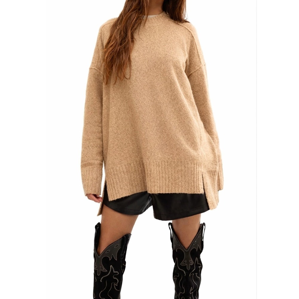 Free People Phoebe Tunic‎ Sweater Womens Small Camel Beige Oversized OB2049477